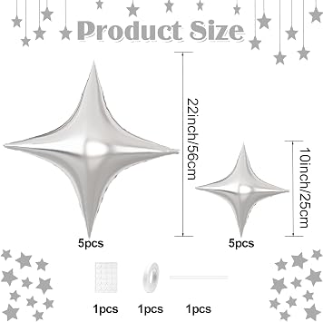 GRESATEK Silver Foil Star Balloons,10Pcs Quadrangle Star Balloons,Four Angle Star Shaped Helium Mylar Balloons for Brithday,Engagement,Graduation,Wedding Party Decorations