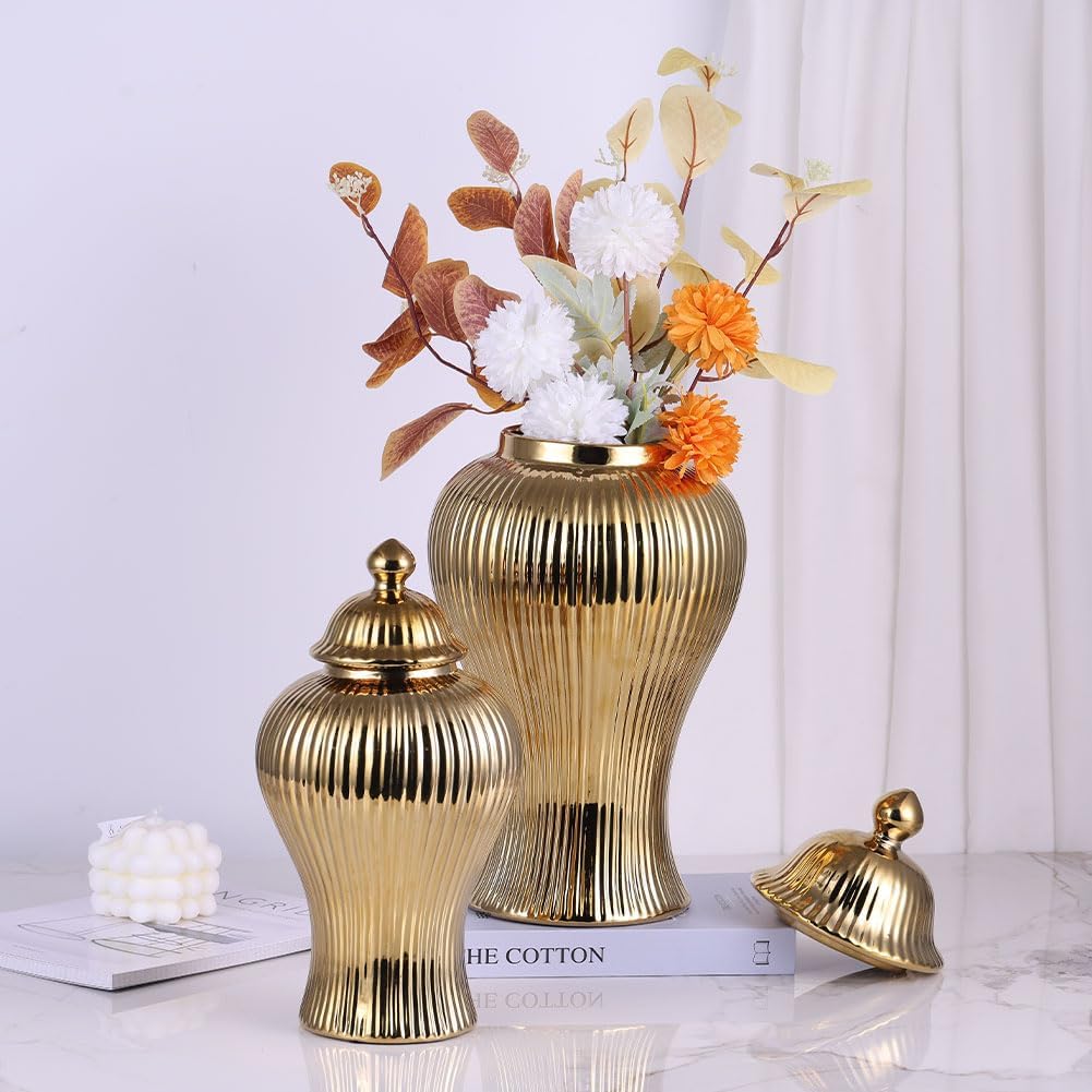 16.5" Gold Ceramic Ginger Jar Vase with Lid - Modern Luxury Ceramic Decoration Gold Ginger Jars for Home Decor, Living Room, Kitchen, Dining Table, Cabinet, Bookshelf Decor, Storage Jar