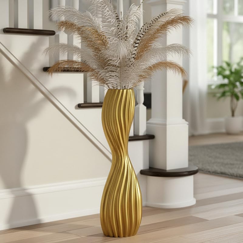 Golden S-Curve Floor Vase 24 Inch Tall Striped Resin Vases for Home Decor Large Sturdy Vases with Weighted Base for Dried Pampas Grass Tall Floor Vase for Living Room Office & Bedroom