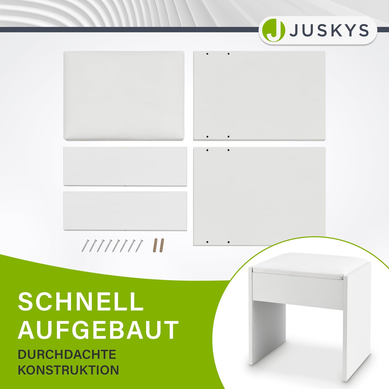 Juskys Schminktisch Hocker Melly, Sitzhocker aus Holz mit gepolstertem Kissen & Bezug aus Kunstleder, moderner Polsterhocker 40 x 30 x 43 cm in Weiß