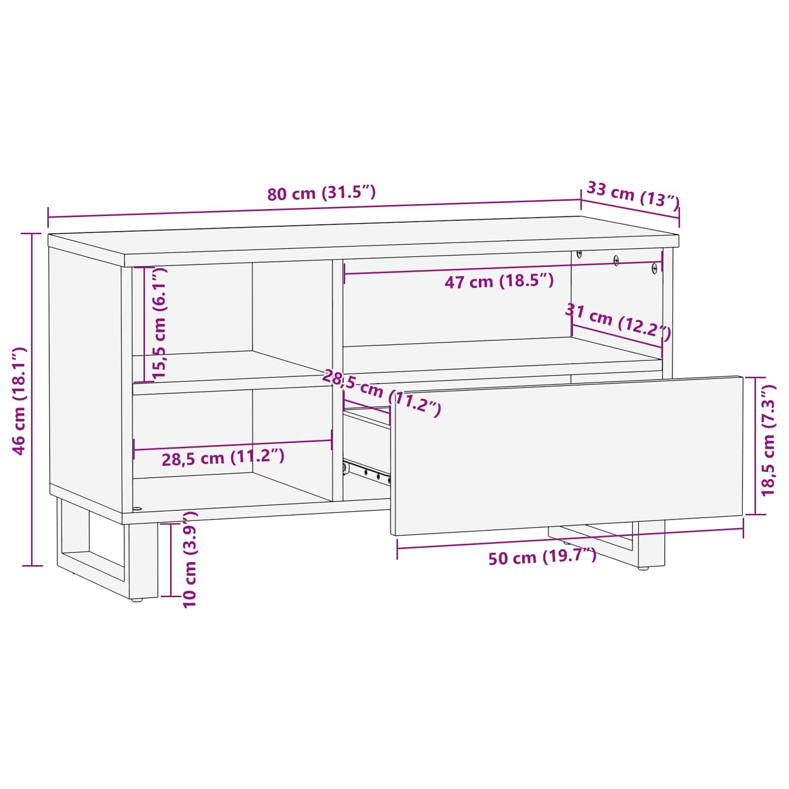 TV-Schränk aus massivem Mangoholz Braun 80 x 33 x 46 cm mit Regal, Schublade und Stauraum für Wohnzimmer, Mediengeräte, Heimkino und Gaming Zubehör