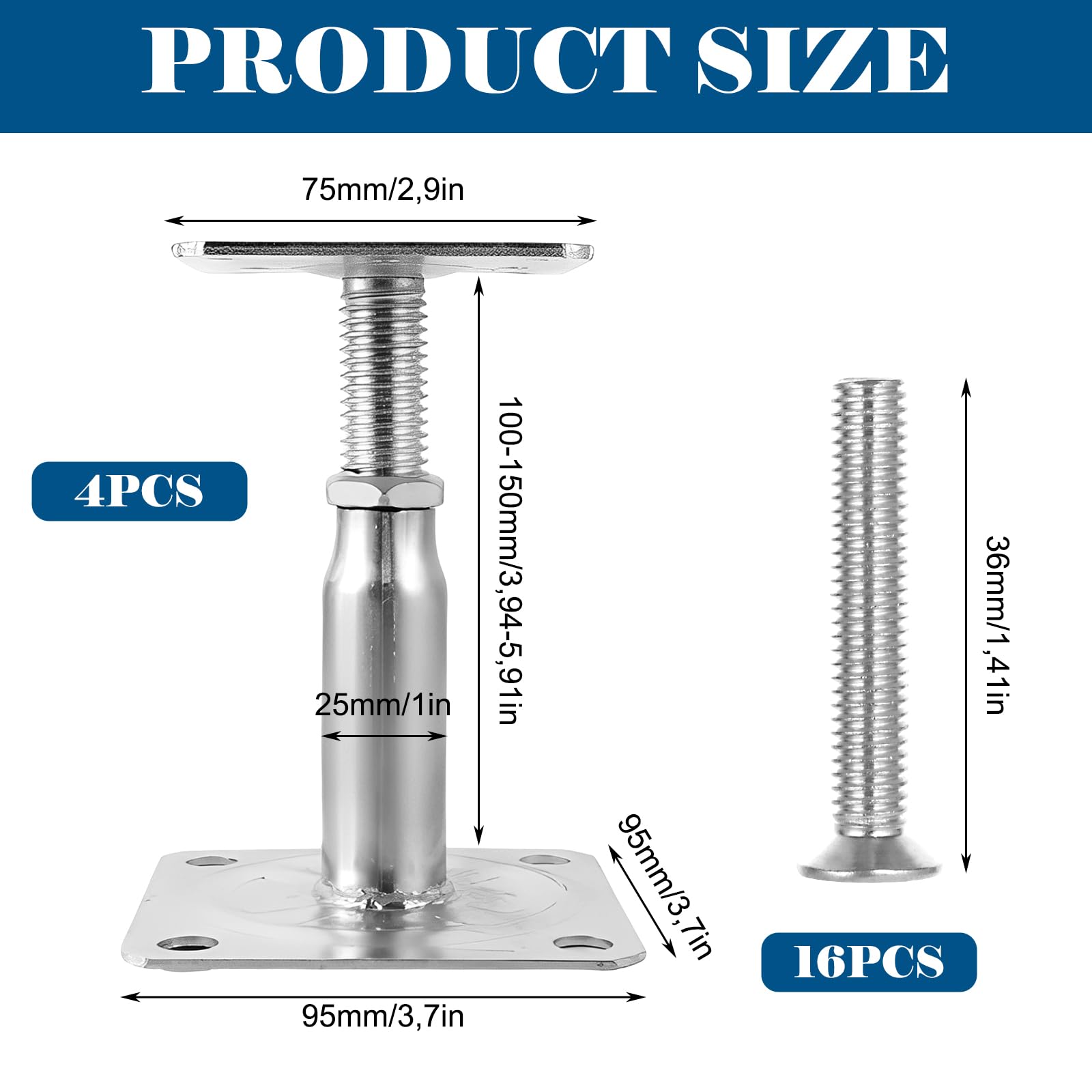 Supporto Pali Regolabile 100-150mm, 4PCS Supporti Pali Gazebo, Base Pilastro Regolabile in Acciaio Zincato per Pali Legno, Palizzate, Pergolati, Capanni