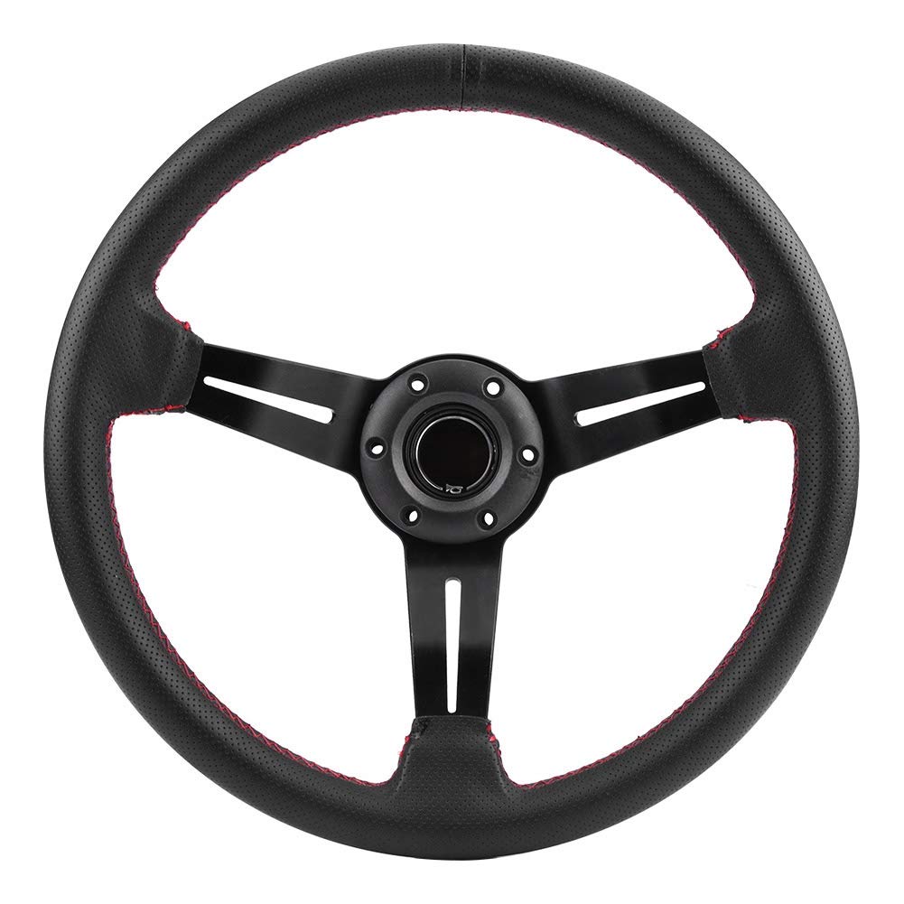 Volant Drift Volante Automotriz 350Mm/14In Marco De Aluminio Universal De Coche De Cuero Perforado Negro Con Cuerno (Rojo)