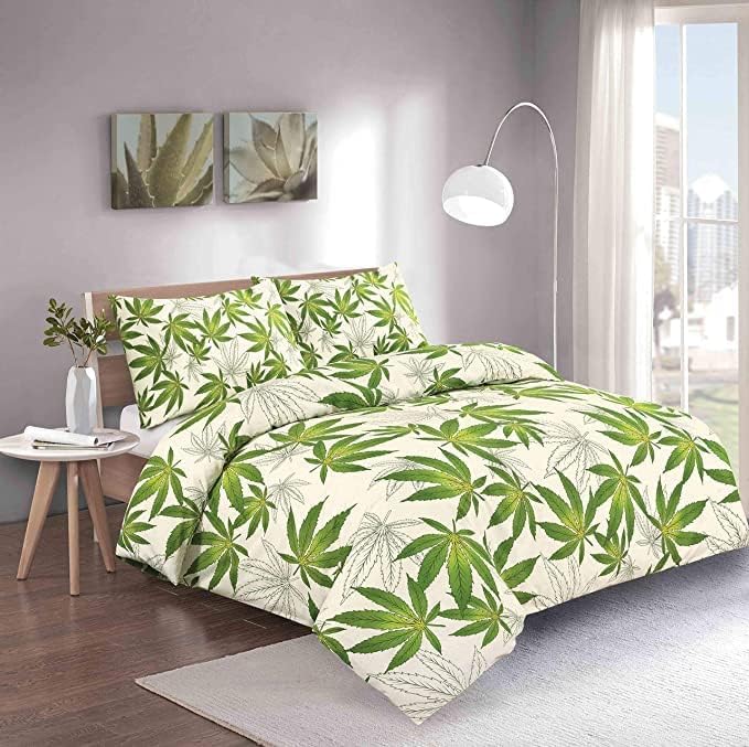 KARKARM Cannabis Leaf Print Duvet Cover Set Double Bed Cream Green Marijuana Leaf Weed Duvet Cover Set Reversible Comforter Cover Bedding Quilt Covers Sets 3 pcs