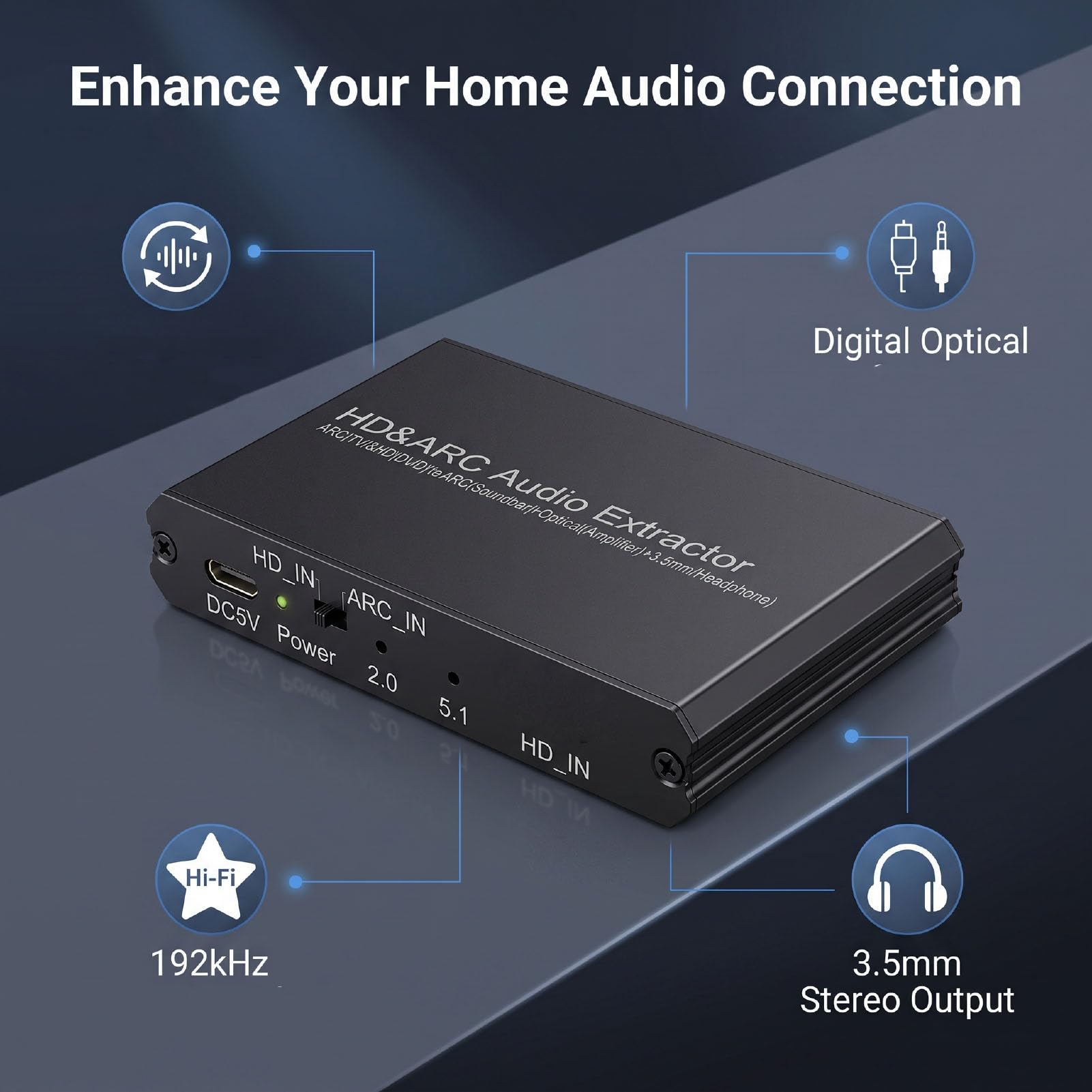Sxhlseller Extractor de Audio 4K 60Hz HDMI ARC con óptico y 3,5 Mm para TV | Muestreo de 192 kHz, carcasa de aleación de aluminio, alimentación tipo C, control remoto de volumen del televisor, modo de