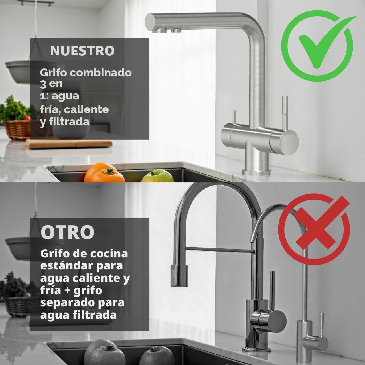 Neues Wasser Group Louis Inox Grifo para fregadero de cocina giratorio 360°, grifo de acero inoxidable 304, sistema de filtro de agua por ósmosis inversa de 3 vías cepillado mate