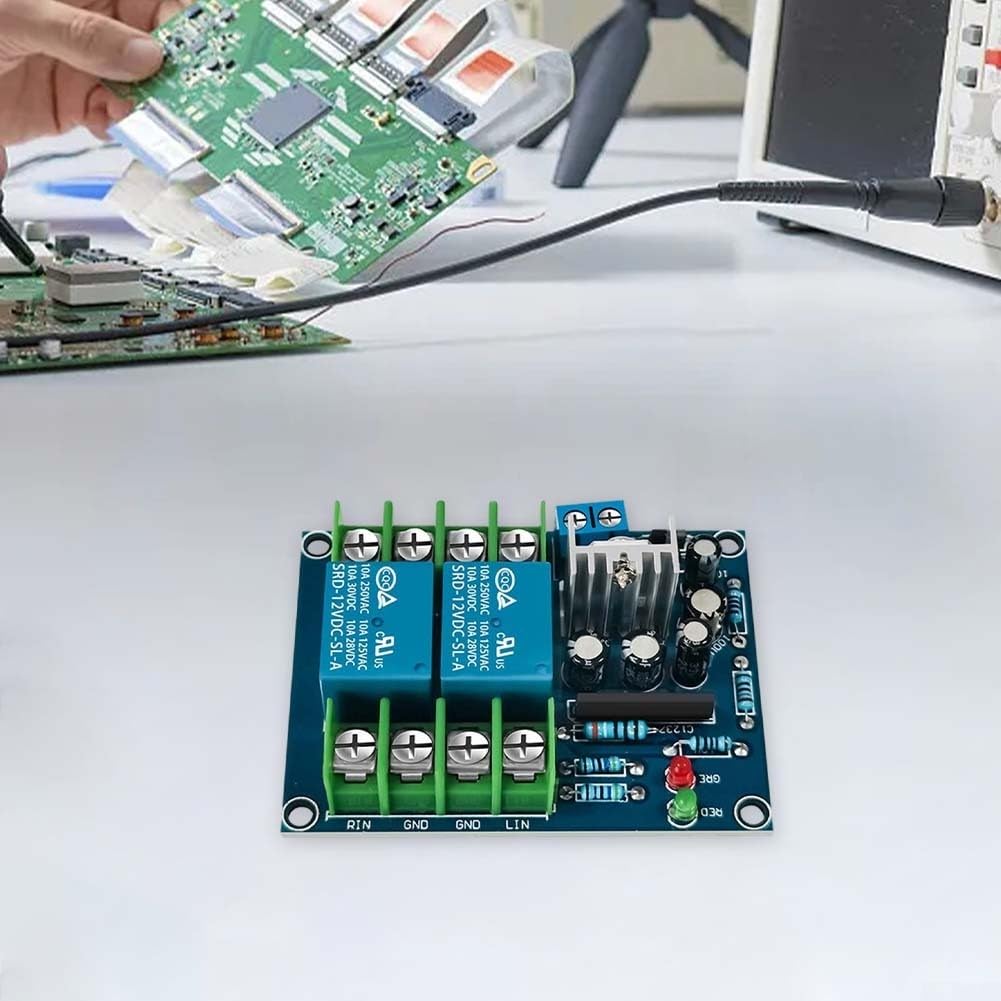 Circuito di protezione per altoparlanti a doppio canale da 10 A con ritardo di accensione di 3 secondi, indicatore blu e regolatore di tensione, per amplificatori audio e sistemi Hi-Fi fai da te