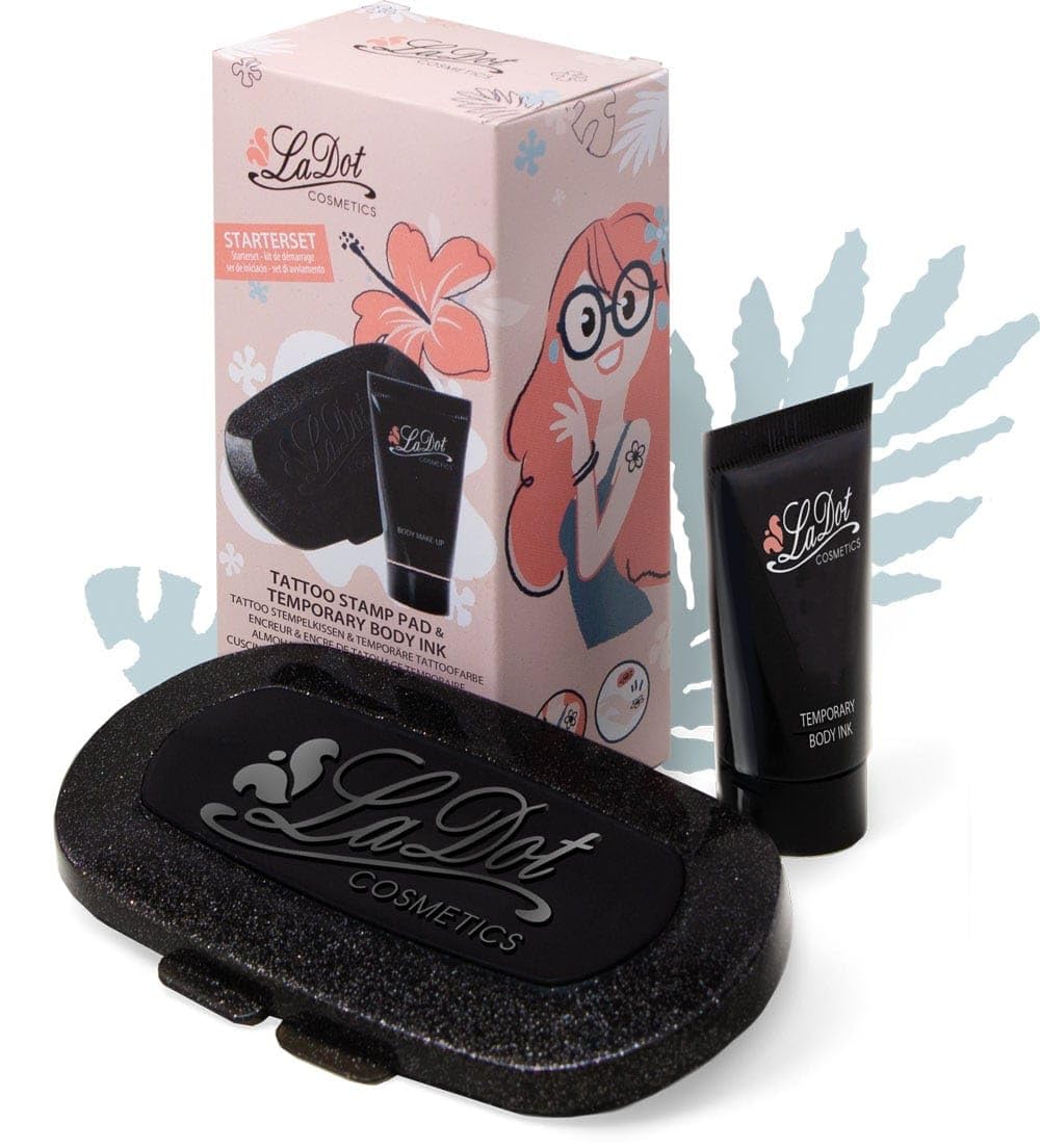 LaDot Tattoo Starter Set - kolor czarny z certyfikatem i pieczątką dla dzieci i dorosłych, tymczasowe sztuczne tatuaże przyjazne dla skóry, tusz do tatuażu na ciało i ramię, wodoodporny, 15 ml