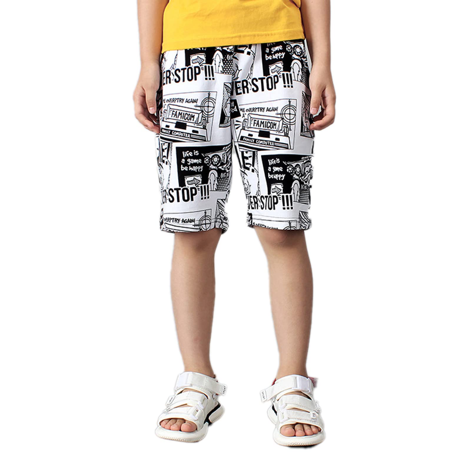 JXGSGOGO Boys Cotton Sport Shorts Drawstring Soft Jersey Athletic Shorts Unisex Height 120-130cm Printed White