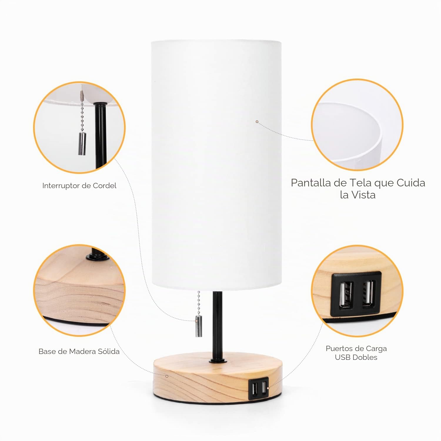Aigostar Lampara de Mesa con 2 Puertos USB, Lampara de Noche con Interruptor de Tracción, Base de Madera, Lampara Escritorio Vintage