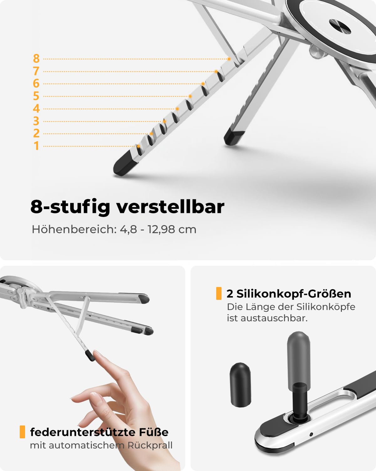 SupeDesk Soporte plegable para portátil 3 en 1 ajustable en altura y ángulo, de aleación de aluminio, soporte para portátil ventilado, soporte ergonómico para portátil de 4 a 16 pulgadas, magnético