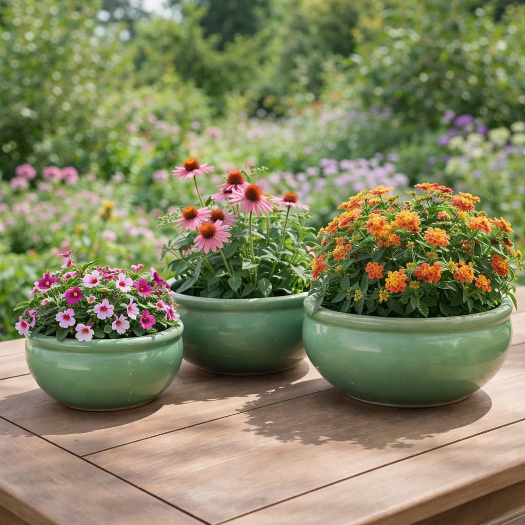 Steinzeug-Blumentopf/Pflanzkübel, 3er Set Schale Jade-Grün, frostfest