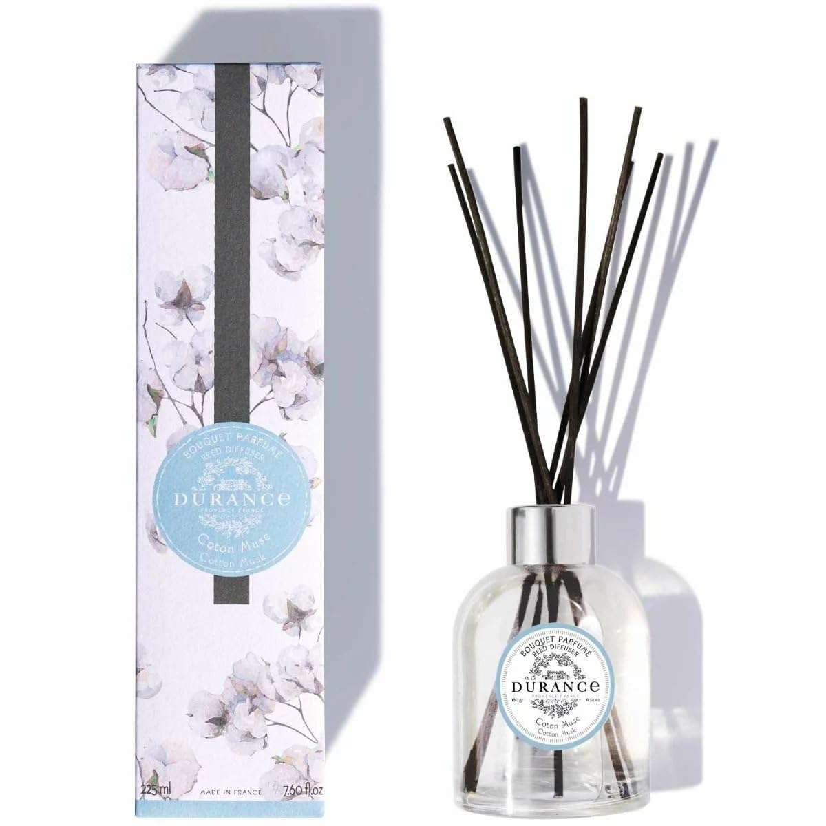 Durance Scented Reed Diffuser 225ml - Cotton Musk Fragrance - Scented Bouquet Glass Bottle & 8 Rattan Sticks - Aromatherapy Air Freshener - Room Fragrance
