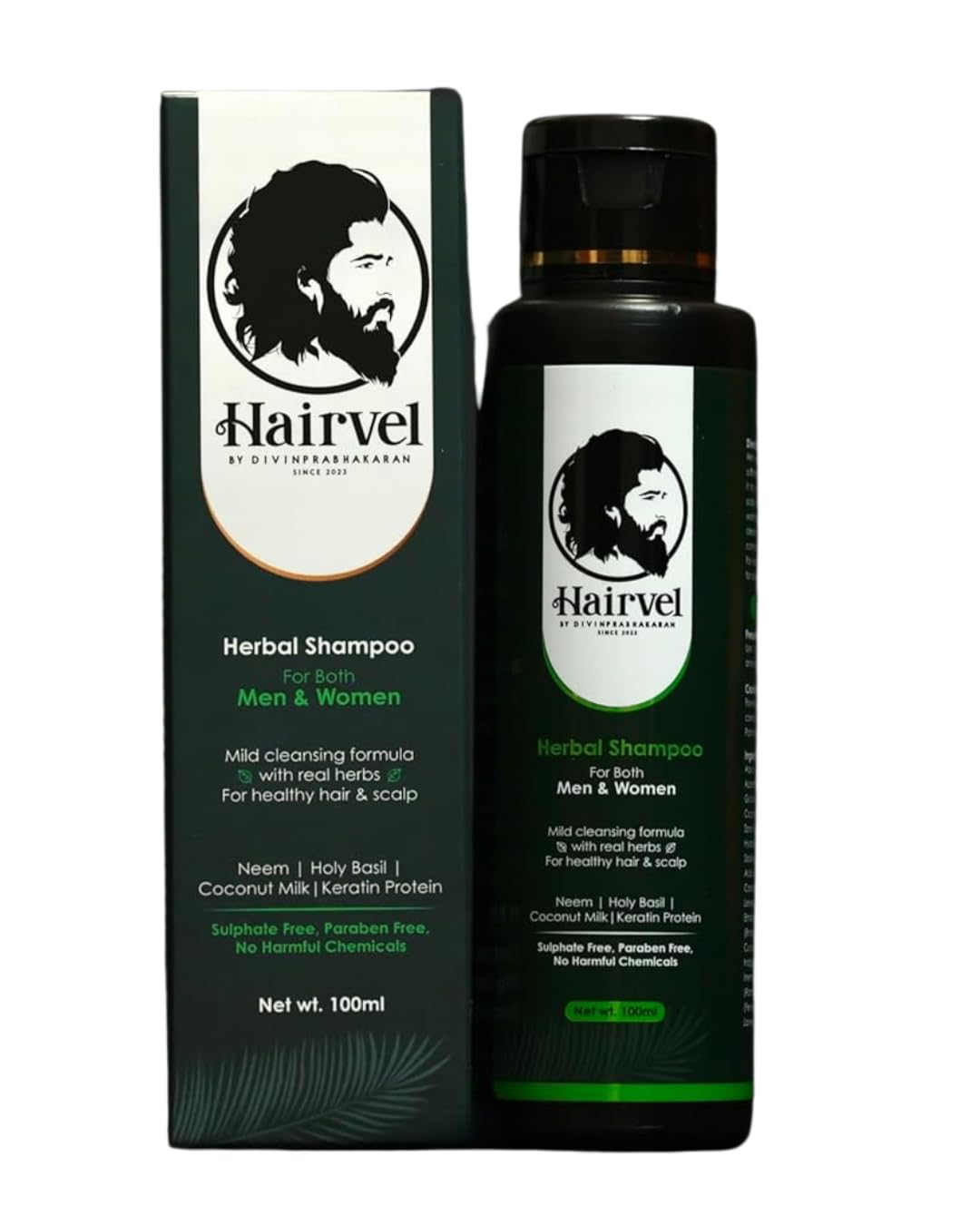 Hairvel Herbal Shampoo 100 ml – Sulfate & Paraben Free Neem & Holy Basil Cleanser with Coconut Milk & Keratin Protein – Gentle, pH-Balanced Herbal Haircare for Men & Women, Dandruff Relief & Scalp Nourishment