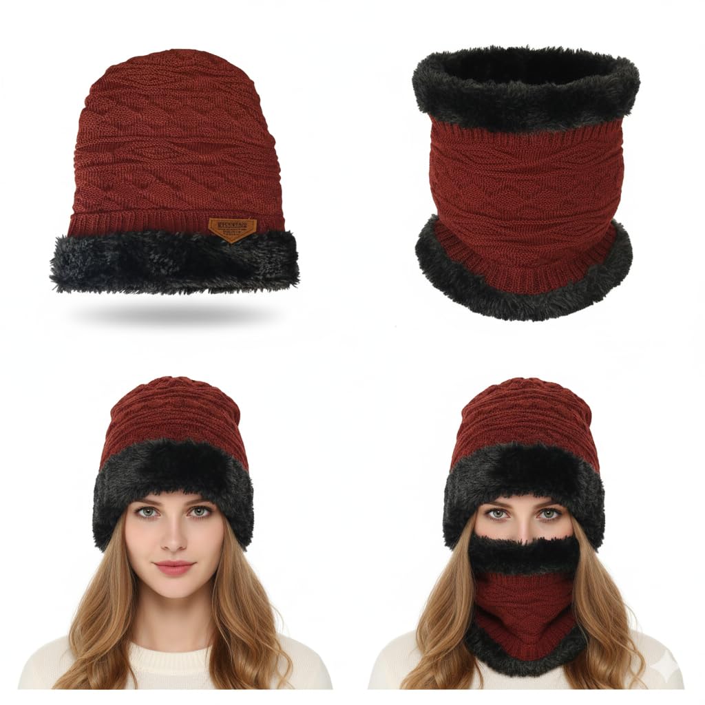 coral india Thermal Insulated Winter Cap & Neck Gaiter Combo - Light Brown Knit, Black Fur Interior - Heavy Duty Cold Protection for Treks-picture-14