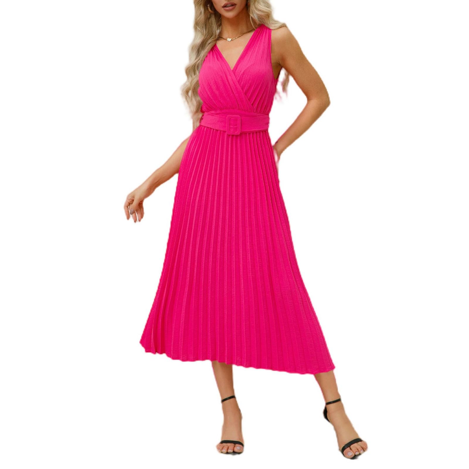 Robe tendance col en v ceinture plissée jupe fuchsia LQ826