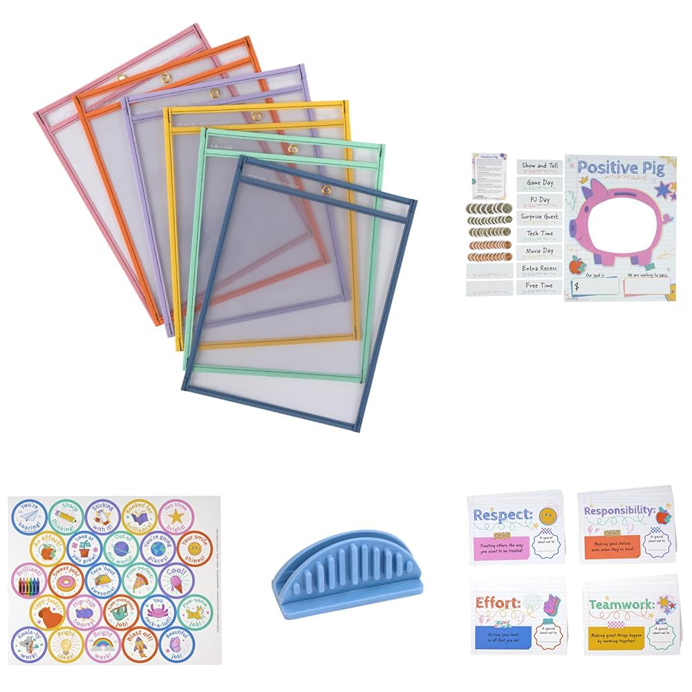 Really Good Stuff Bold Vibes Classroom Supples Bundle - Dry Erase Sleeves Set of 6, Positive Pig Reward System, Teacher Postcards 48 Pack, Reward Stickers 100 Pack, Sensory Pencil Holders Set of 12