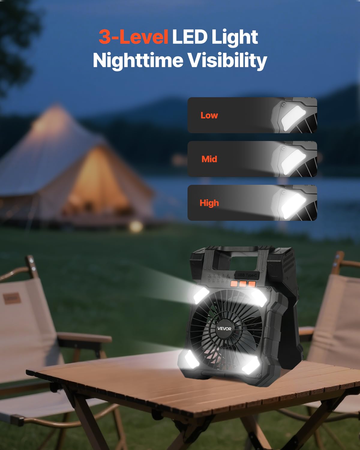 VEVOR Ventilatore Solare Ricaricabile 20000 mAh con Lanterna a LED, Ventilatore Portatile Senza Fili da 20 cm con Pannello Solare Pieghevole da 7 W 5 Velocità, Alimentato a Batteria USB per Campeggio
