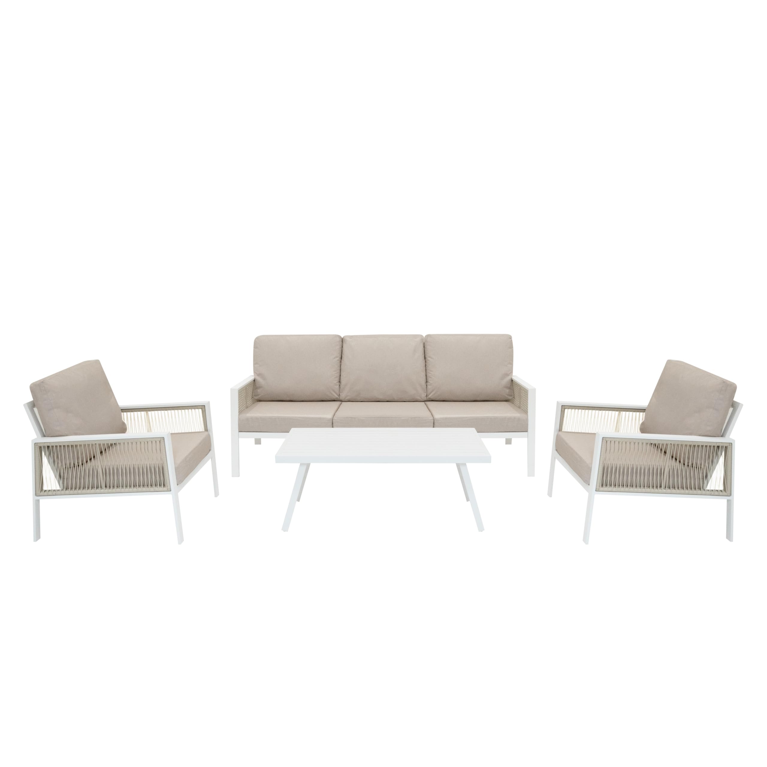 Set Mobili da Giardino 4 Pz in Alluminio Bianco con Cassapanca 582L in Rattan Nera da Esterno – Divano 3 Posti, 2 Poltrone, Tavolino, Cuscini, Copertura Impermeabile, Borsa Inclusa