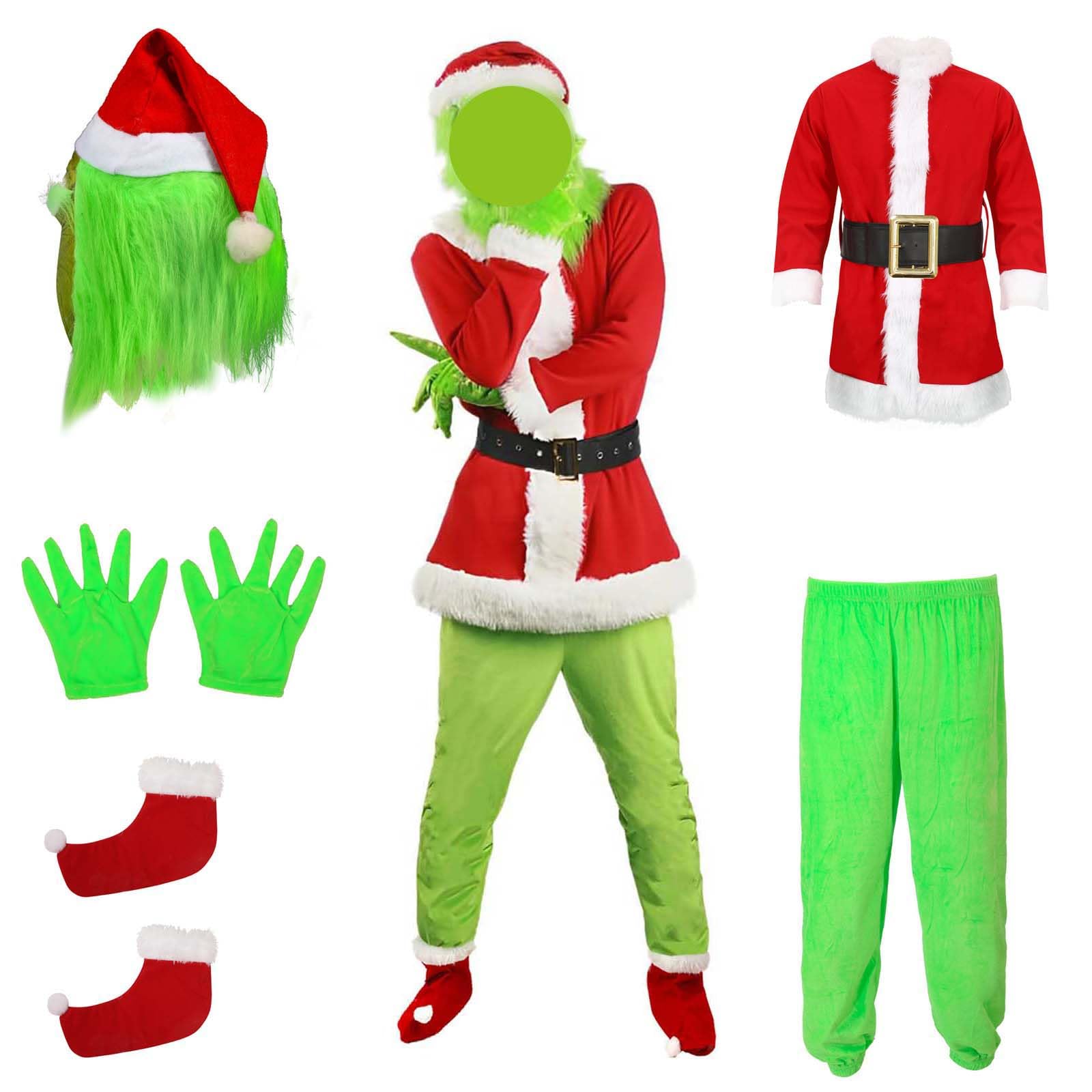 Green Costume Adult Set Green Christmas Mask Gloves Shoe Cover Top Pants for Halloween Cosplay