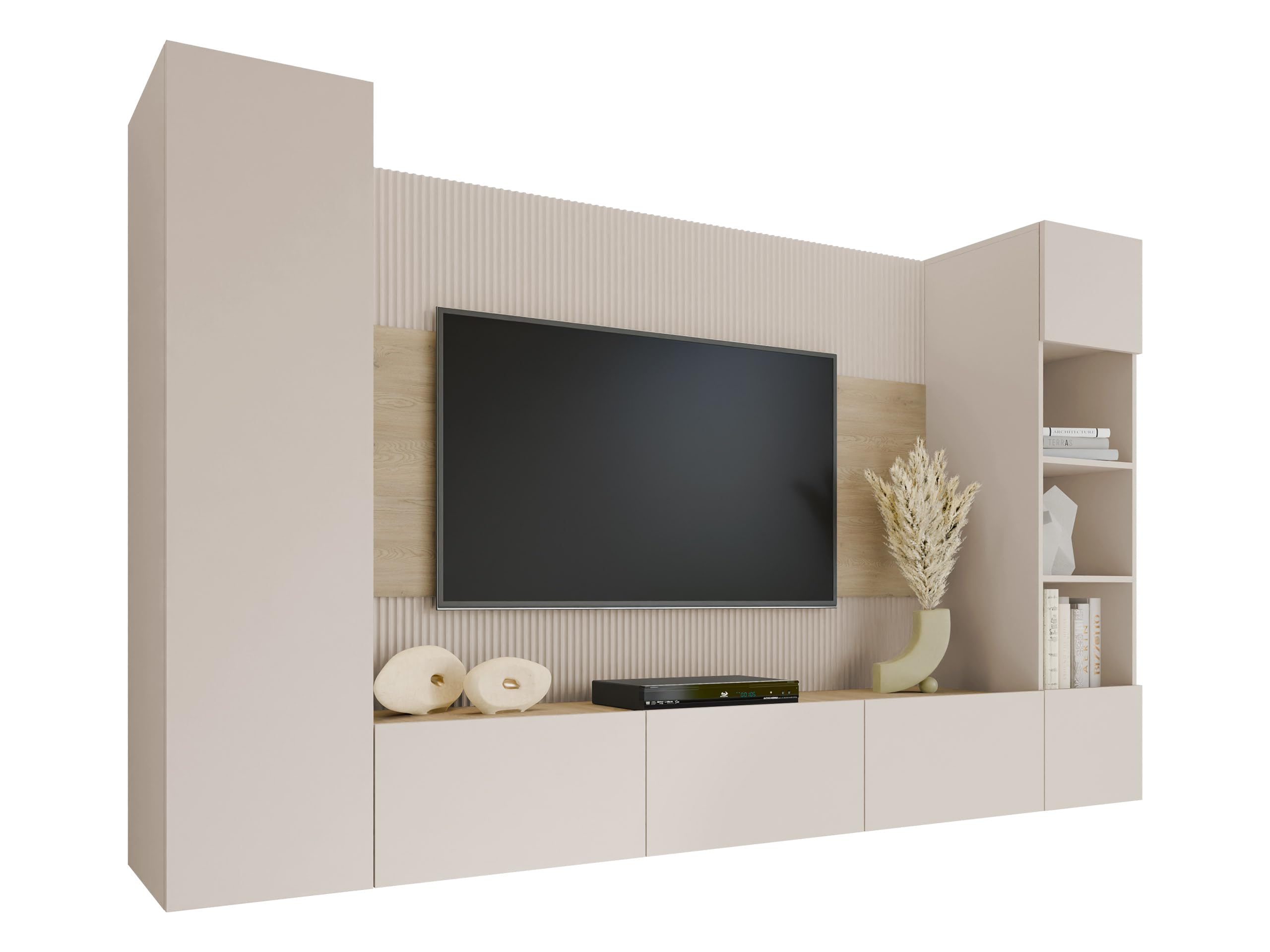 Mirjan24 Wohnwand Deromi IV, Anbauwand mit Wandpaneele und TV-Lowboard, Akustikplatten, Fernsehschrank, Schrankwand, Mediawand, Hängeregal, Hängeschrank (Sandbeige + Eiche Cremona)