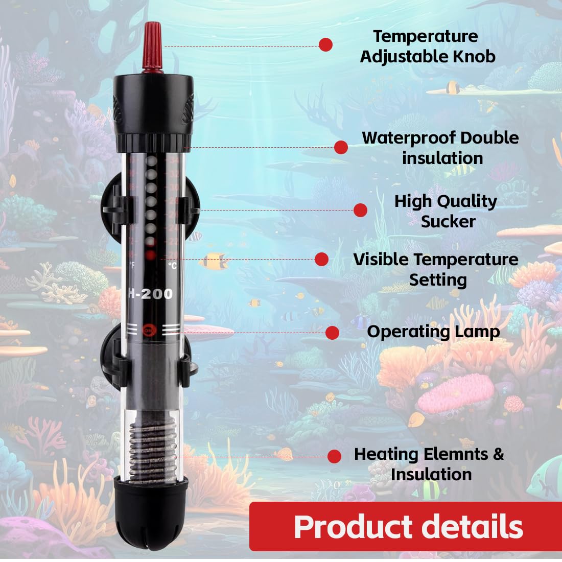 Chauffage d'Aquarium 25W Chauffage Aquarium 30L Résistance Aquarium,Chauffage en Verre Submersible Température,Réglable Chauffe-Aquarium avec Ventouse Chauffage,pour Aquarium de Poissons et de Tortues