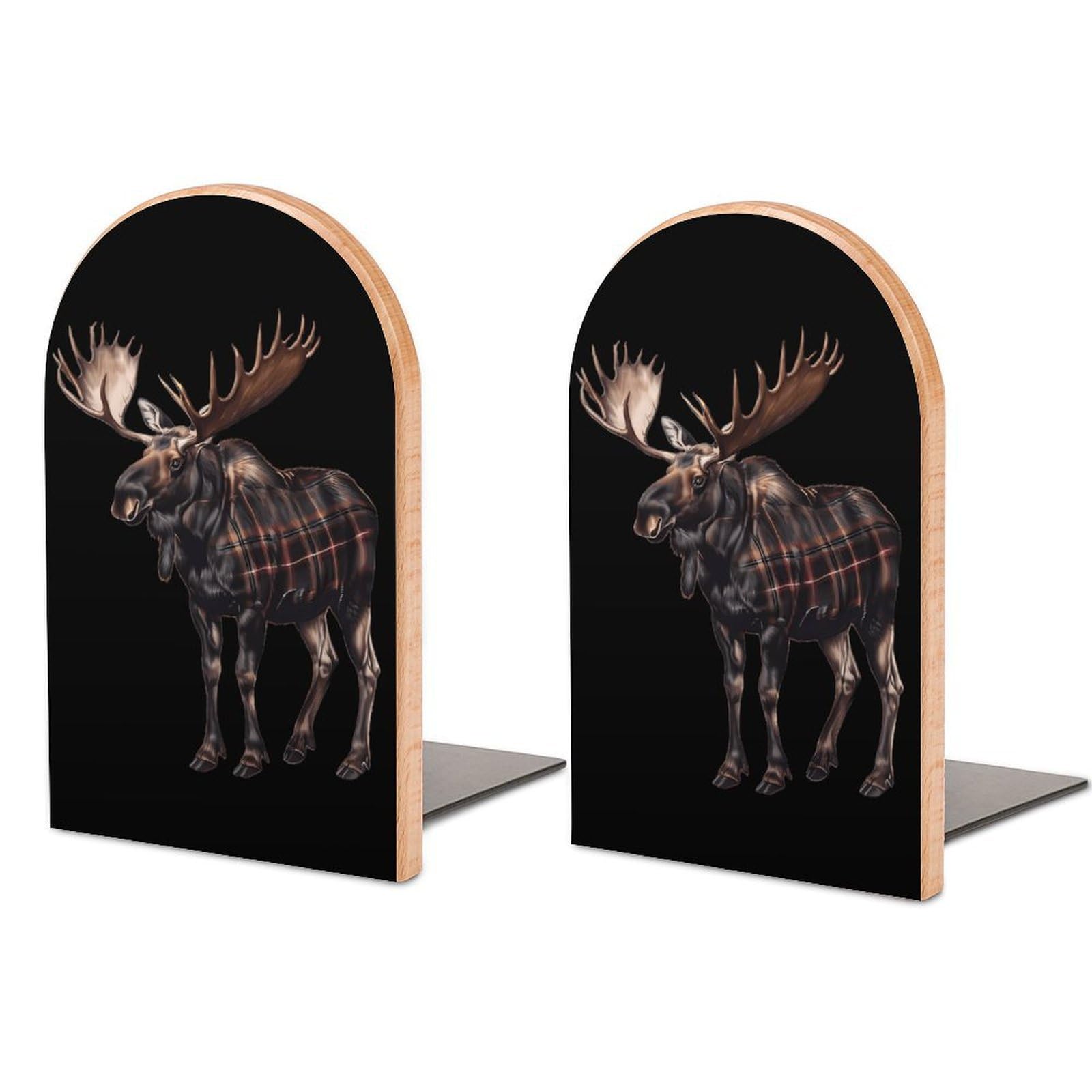 Moose Buffalo Scottish Tartan Plaid Checkered Book Ends Wood Non-Slip Books Stand Book Holders Book Stopper Organizer for Shelves Home Office