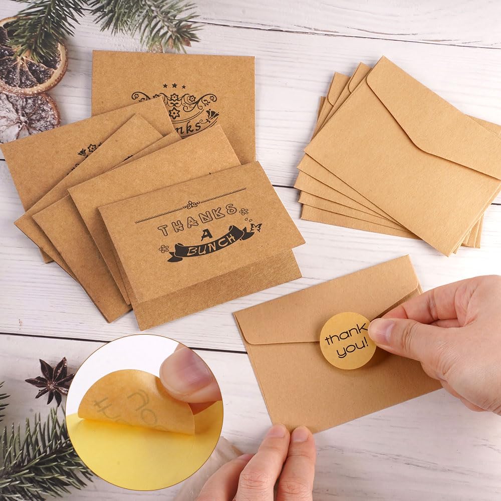 36 sztuk kartek z podziękowaniami z kopertami i naklejką, naturalny brąz | papier typu kraft, kartki z podziękowaniami, puste małe kartki z podziękowaniami, składane kartki z podziękowaniami, dla