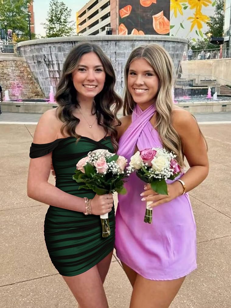 LAGSHIAN Women's Summer Sexy Bodycon Off Shoulder Sleeveless Mesh Ruched Mini Party Dress - Image 7