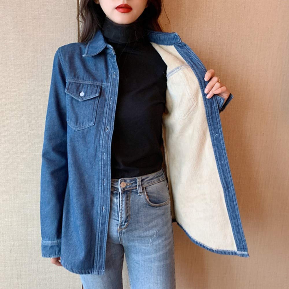 Camicie Da Donna Invernali,Moda Più Velluto Imbottito Signore Autunno E Inverno Calore Imbottito Tasca A Maniche Lunghe Camicia Cotone Flanella Denim Camicia Casual Camicia Blu Grandi Dimensioni Sp