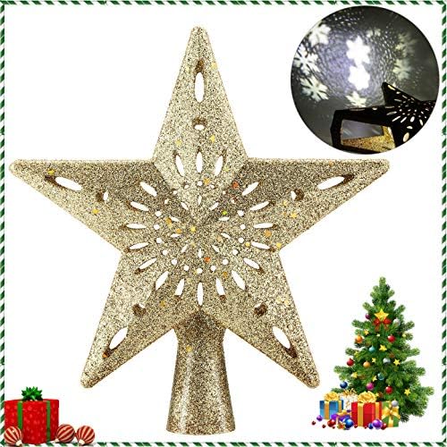 Christmas Tree Topper Lighted Star Tree Toppers with LED Rotating Snowflake Projector Lights, 3D Hollow Silver Star Snow Tree Topper for Christmas Tree Decorations (Gold)
