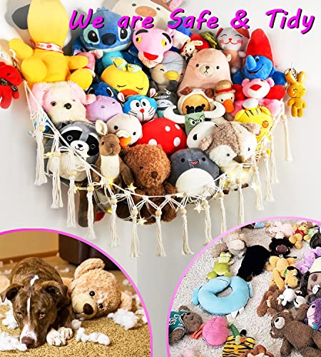 Tcgpro Stuffed Animal Net Or Hammock - Stuffed Animal Storage Toy Hammock For Wall With Led Lights And Hooks - Macrame Corner Plushie Net Jumbo - Boho Hanging Plush Organizer For Kids Bedroom Decor #TOP2