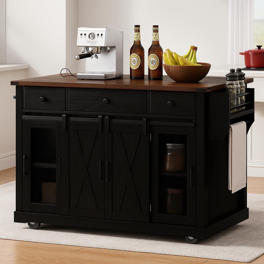 K&K 58" Farmhouse Kitchen Island with Storage, Sliding Barn Door & Metal Grid Side Door, Rolling Kitchen Island on 5 Wheels with Spice Rack, Glass Holders,Island Table with Drop Leaf for Kitchen,Black