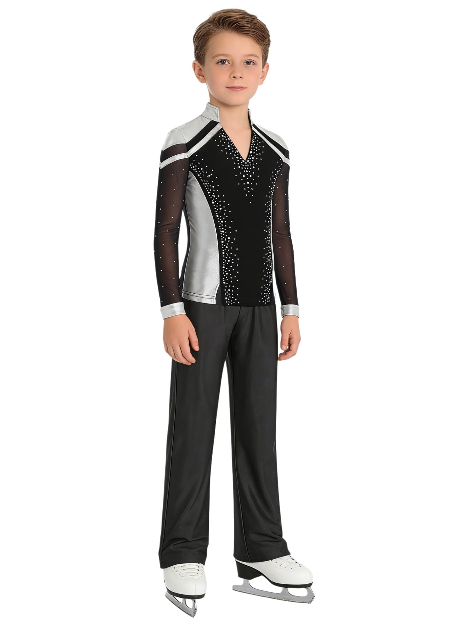 Tute da Pattinaggio Artistico per Bambini e Ragazzi Crop Top Camicia con Scollo a V + Pantaloni da Ballo Latino Completo da Pattinaggio sul Ghiaccio