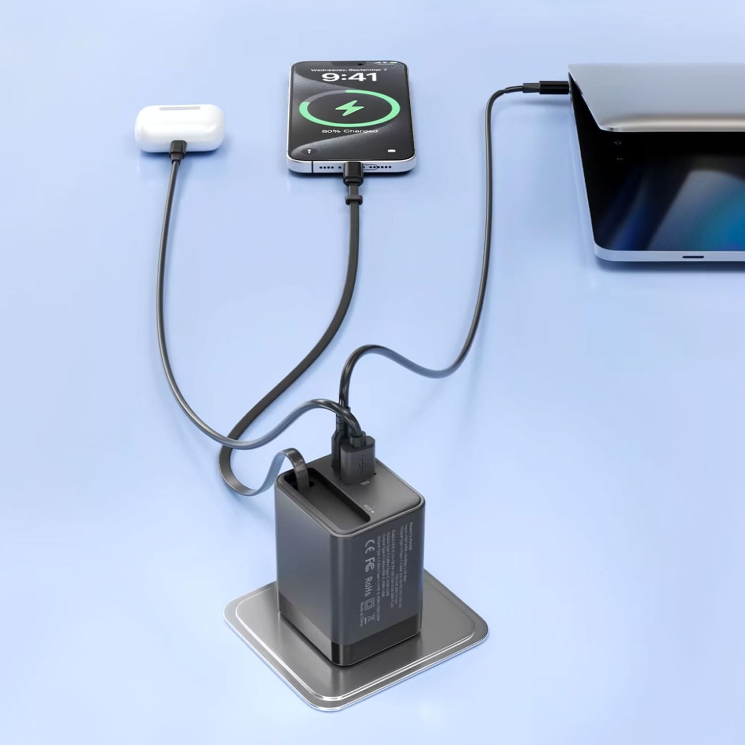 keepdrum GaN65 - Caricatore rapido USB a 3 porte, 65 Watt | Tecnologia GaN, 3 porte USB, 65 Watt di potenza, ricarica rapida