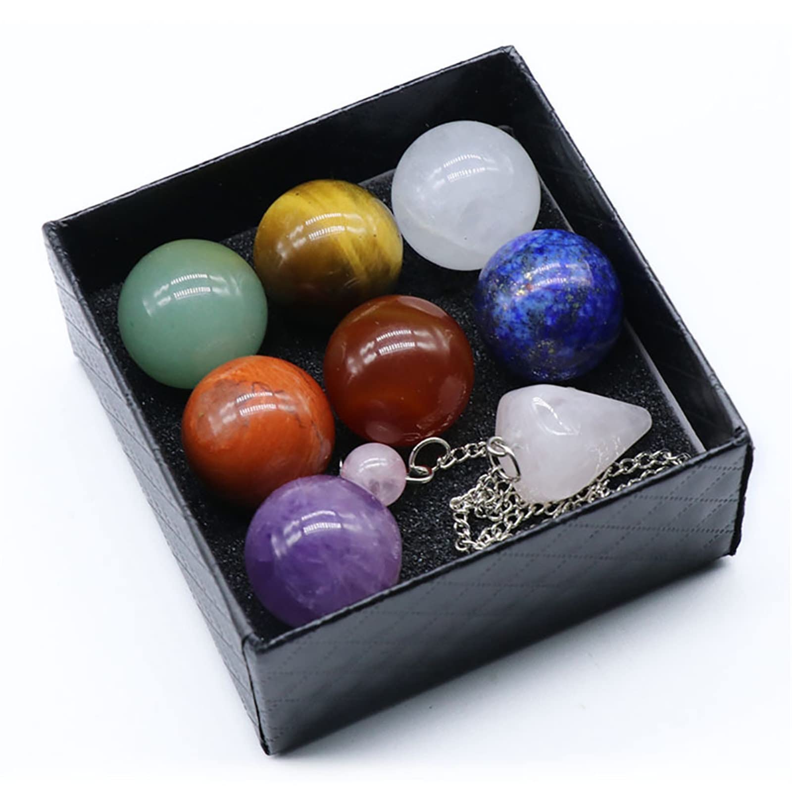 7 Kristallkugel-Kugel-Set, natürliche Kristalle, Trommelsteine ​​mit Rosenquarz-Pendel for Voller Textur (Color : 7 Balls Set B)