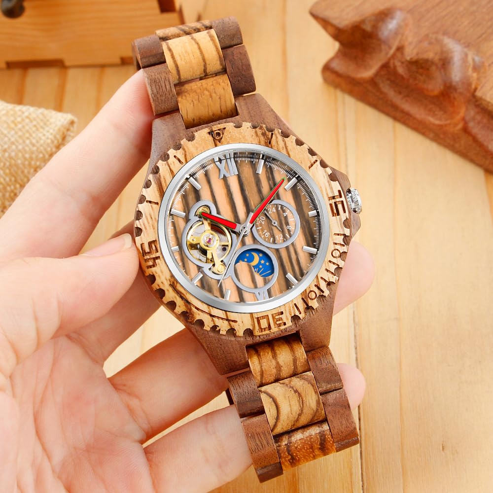 Tiong Orologio da uomo in legno, meccanico, scheletro, movimento automatico, Mwd-03moon, Retrò | Orologio da uomo retrò leggero con scatola regalo in legno, classico orologio in legno come regalo per uomini