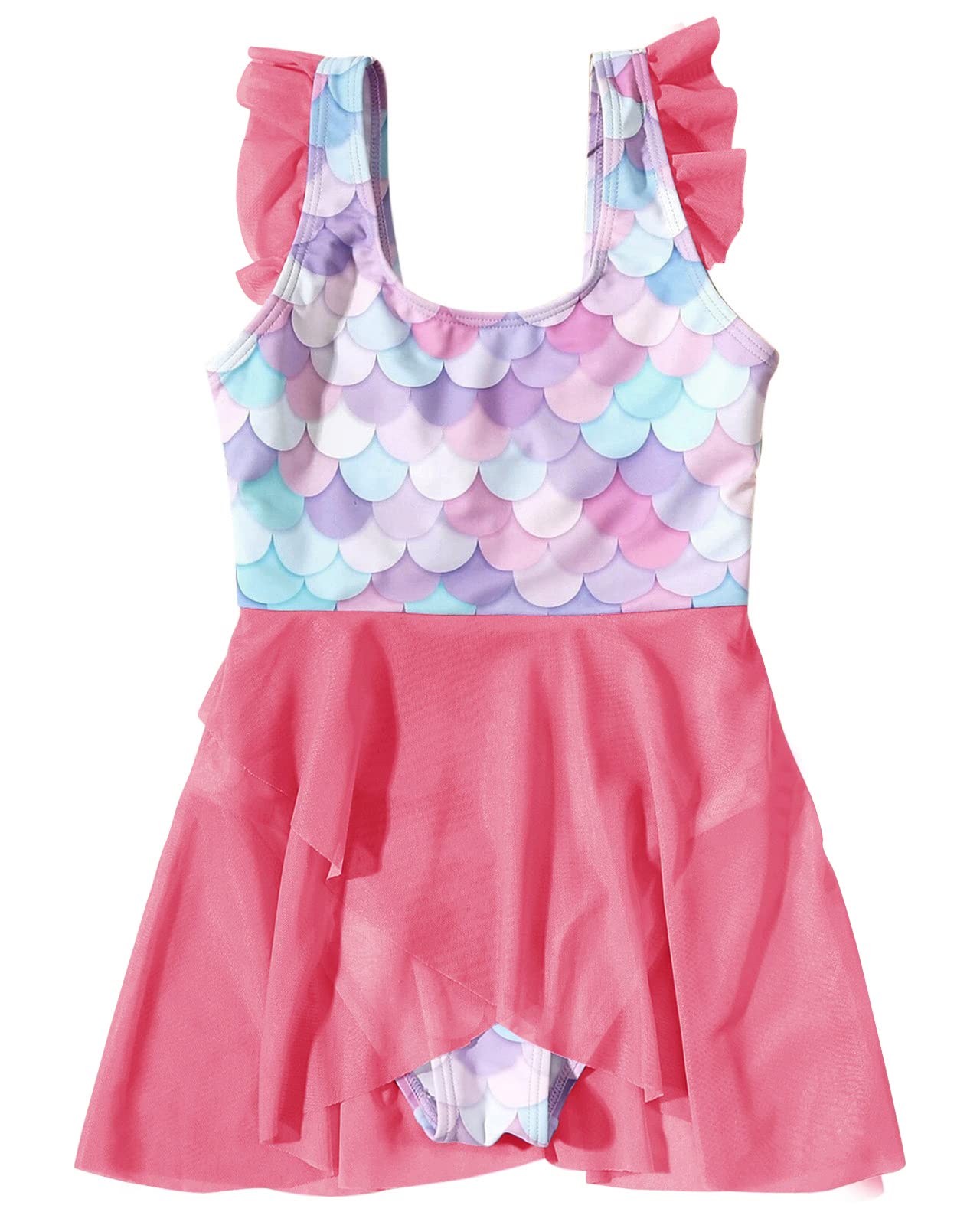 Girls One Piece Swimsuit UPF 50+ Cute Fish Scale Print Ruffle Tulle Swimwear Bathing Suits