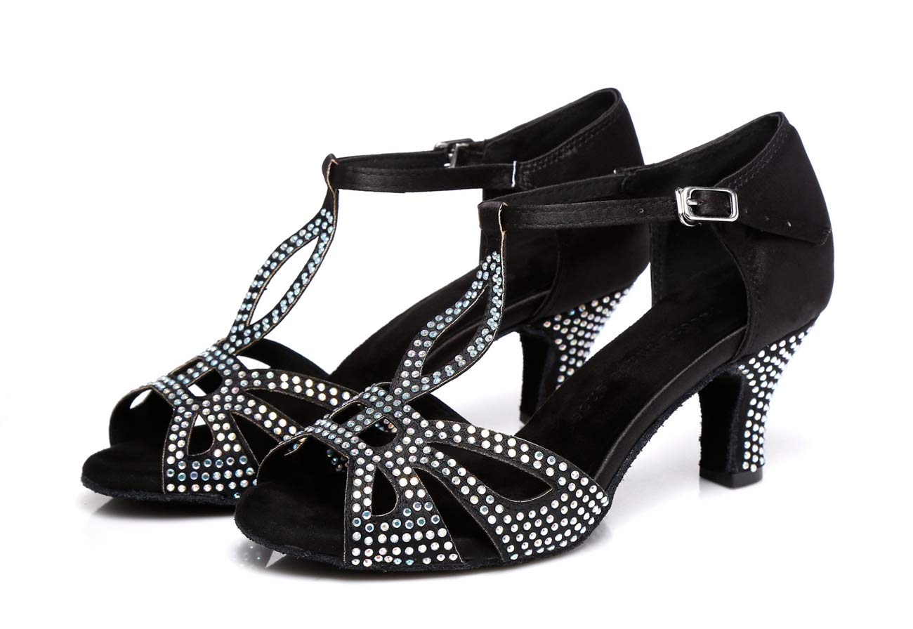 Minishion Women's T Strap Crystals Sparkle Med Low Heel Black Dance Sandals Party Sandals US 8