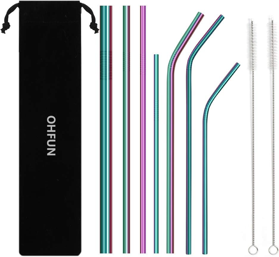 Reusable Metal Straws, Set of 7 Rainbow Drinking Stainless Steel Straws for 20oz 30oz 40oz Tumblers with Carrying Case (6mm|8mm|12mm 2 Lengths 8.5 Inch|10.5 Inch 2 Cleaning Brushes (Mix Type Straws)