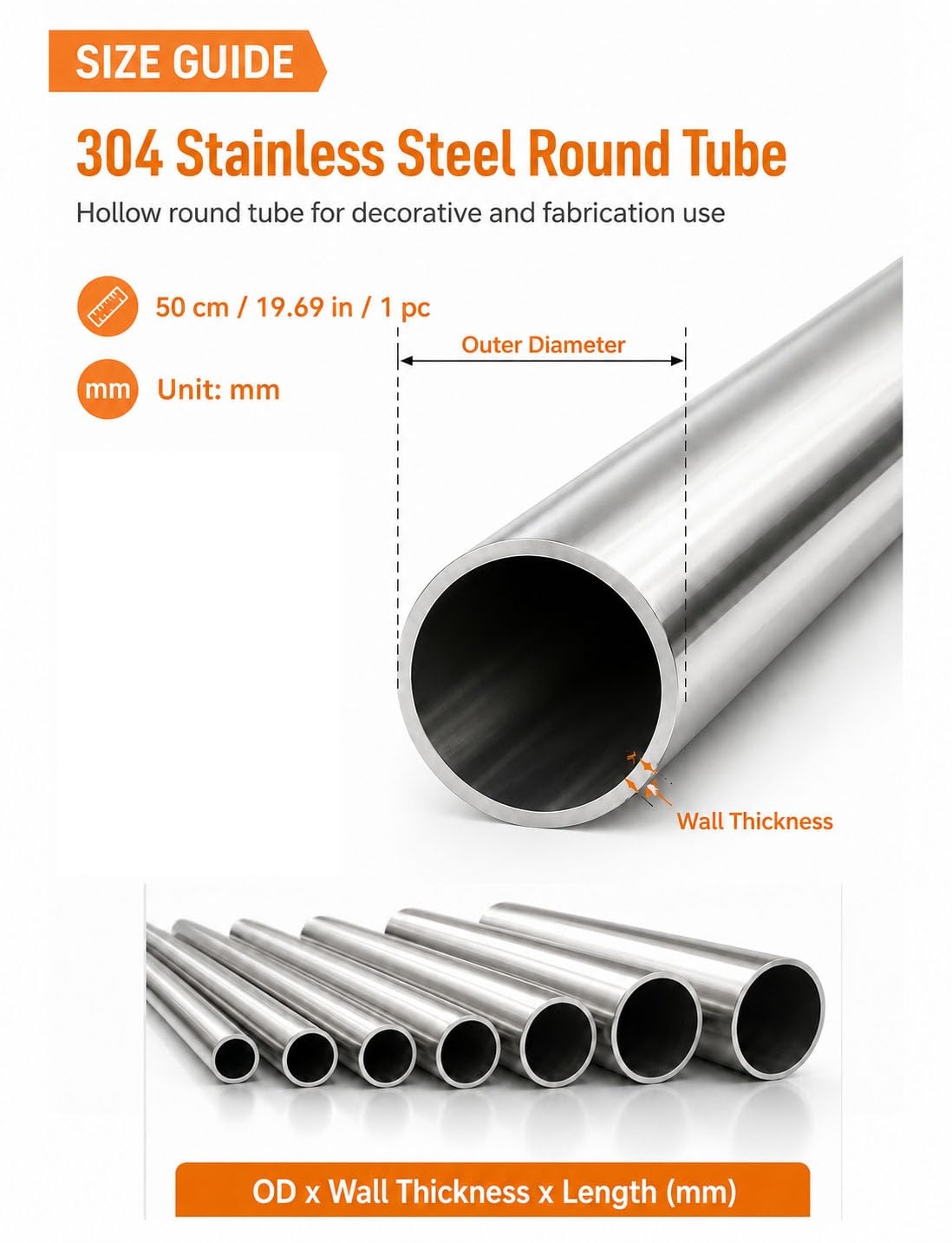 Tubo Redondo Acero Inox 304 50 cm, Tubo Hueco para Fabricación | Pulido interior y exterior, tubo hueco, cortable, varios tamaños(102x1x500mm)