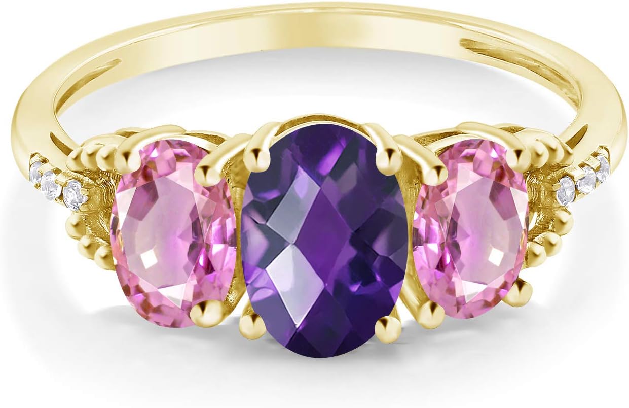 Gem Stone King 1.97 Cttw Purple Amethyst Pink Sapphire 3-Stone Diamond Engagement Ring for Women | 10K Yellow Gold | Gemstone Birthstone | Oval 7X5MM and 6X4MM - Image 2