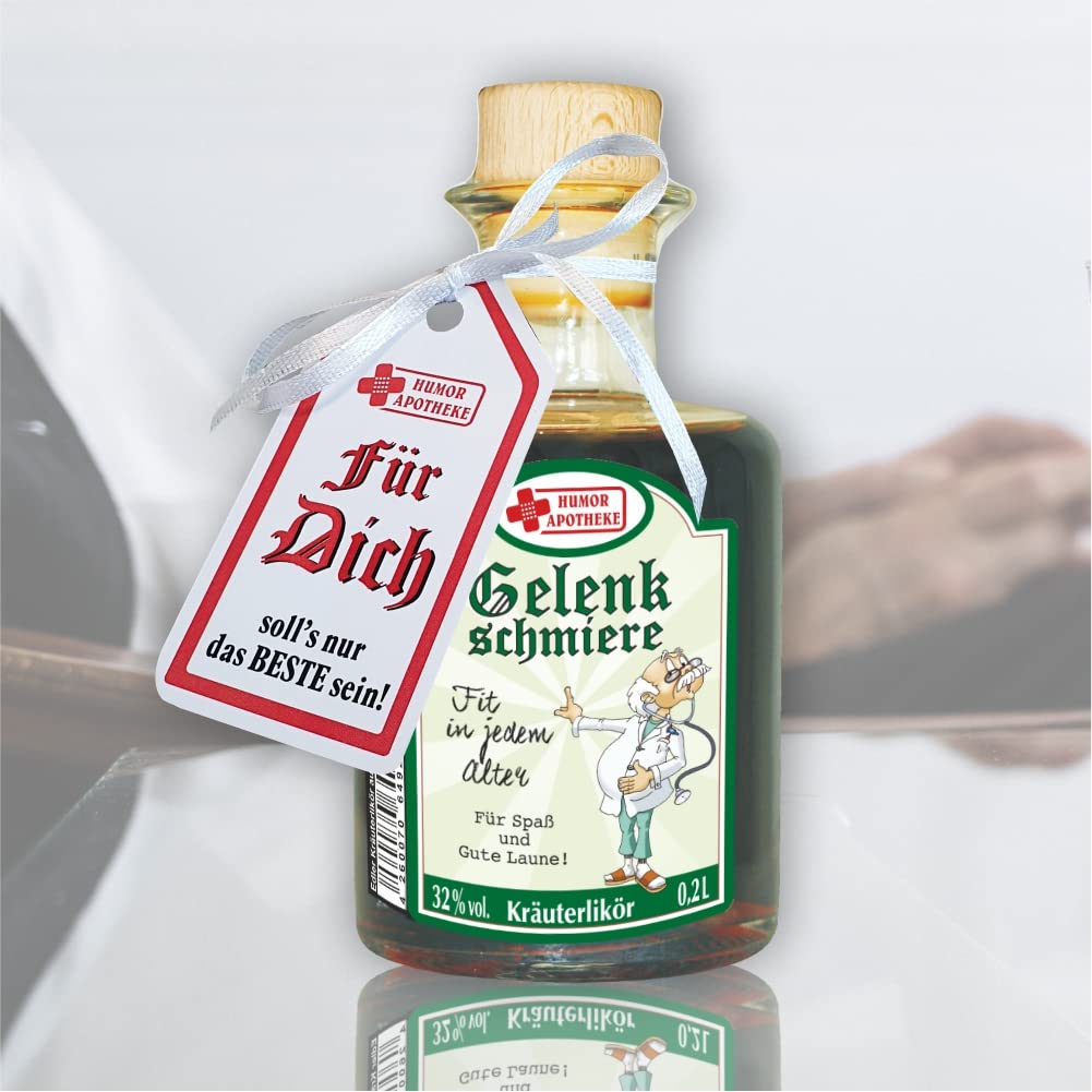 Kräuterlikör oder Pfefferminzlikör Gelenkschmiere Fit im Ruhestand stärkt Körper und Geist | Geschenk zum Ruhestand für Rentner Opa | Humorapotheke Spaßmedizin (Apothekerflasche Gelenkschmiere Arzt)