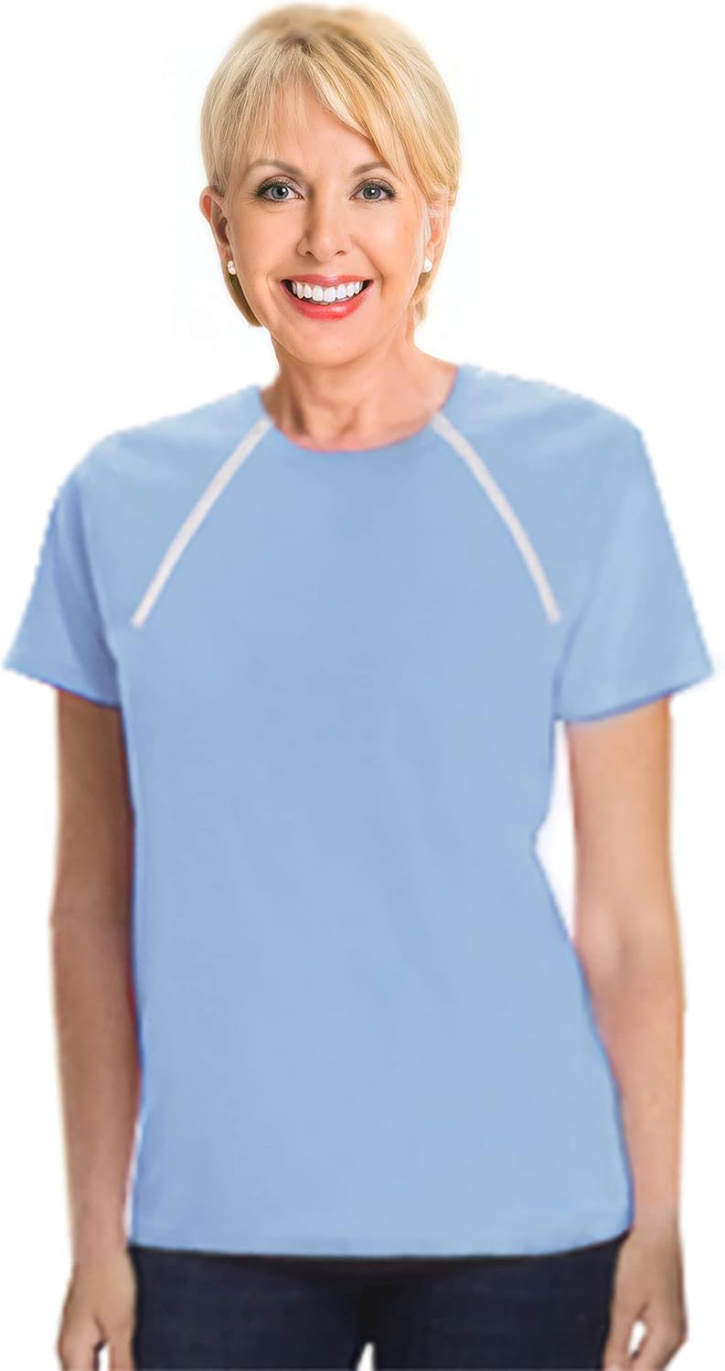 ComfyChemo® CHEMOWEAR : Women's Short Sleeve Chemotherapy Port Zipper Shirt
