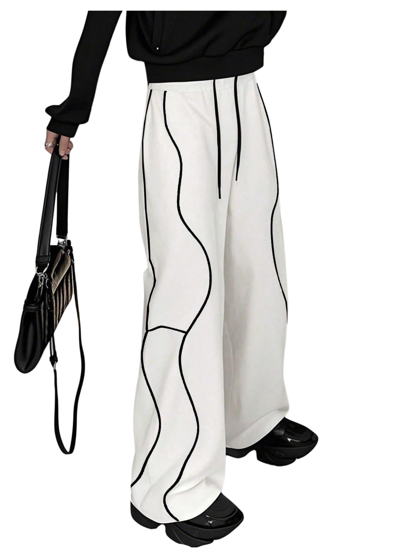OYOANGLE Mens Side Striped Drawstring Waist Track Pants Y2K Straight Leg Long Trousers with Pocket Streetwear