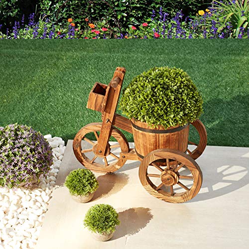 LOKATSE HOME Wooden Barrel Tricycle Planter Wagon Home Garden Outdoor Decor, Brown