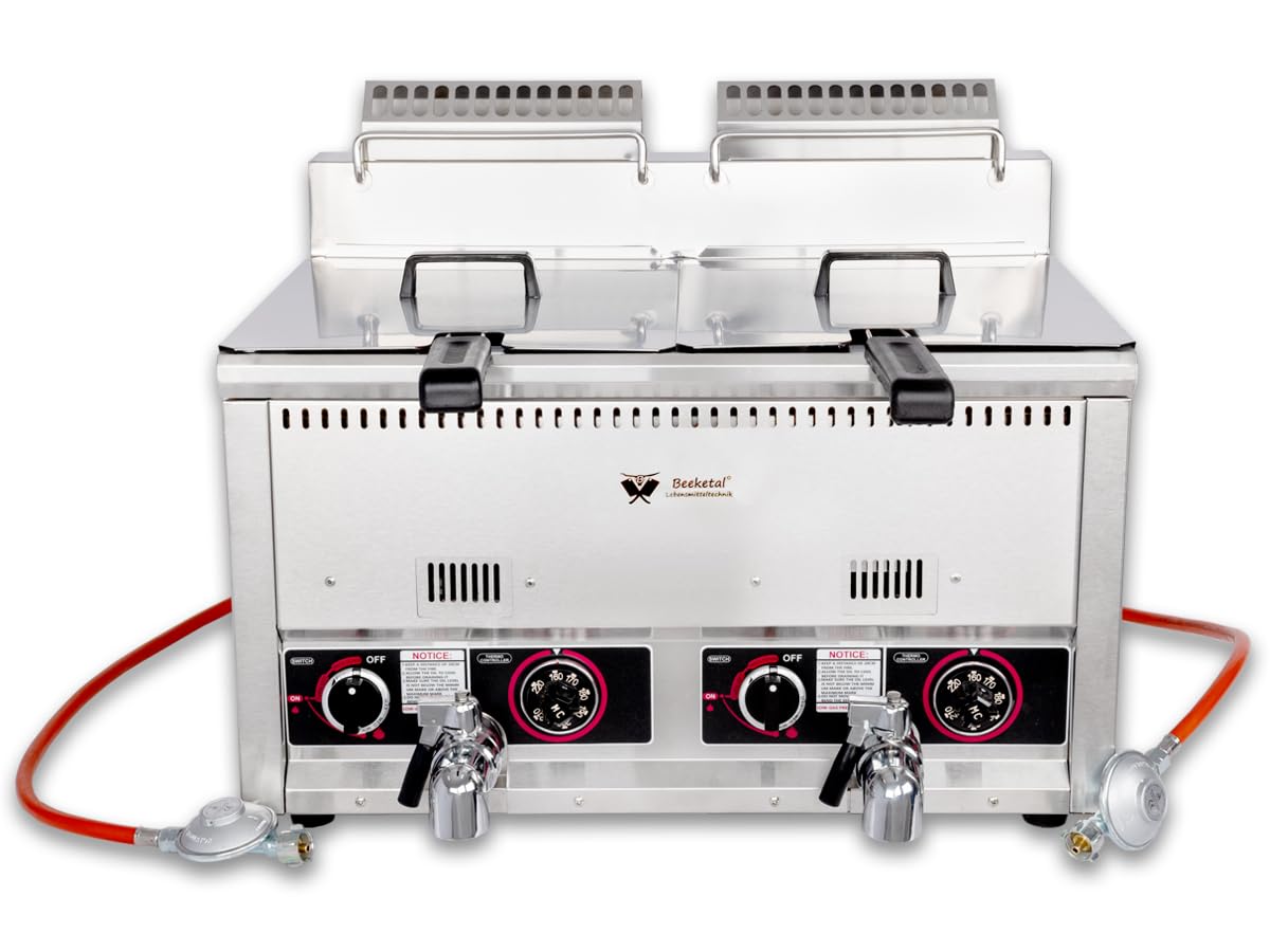 Beeketal Profi Gasfritteuse BGF-13P – Edelstahl Gastro Doppel-Fritteuse 2x 22L (Öl 2x 15L), 7,4 kW LPG Propan/Butan Stand-/Tischgerät mit Kaltzone und Ablaufhahn, inkl. 2 Körbe & Schaumlöffel