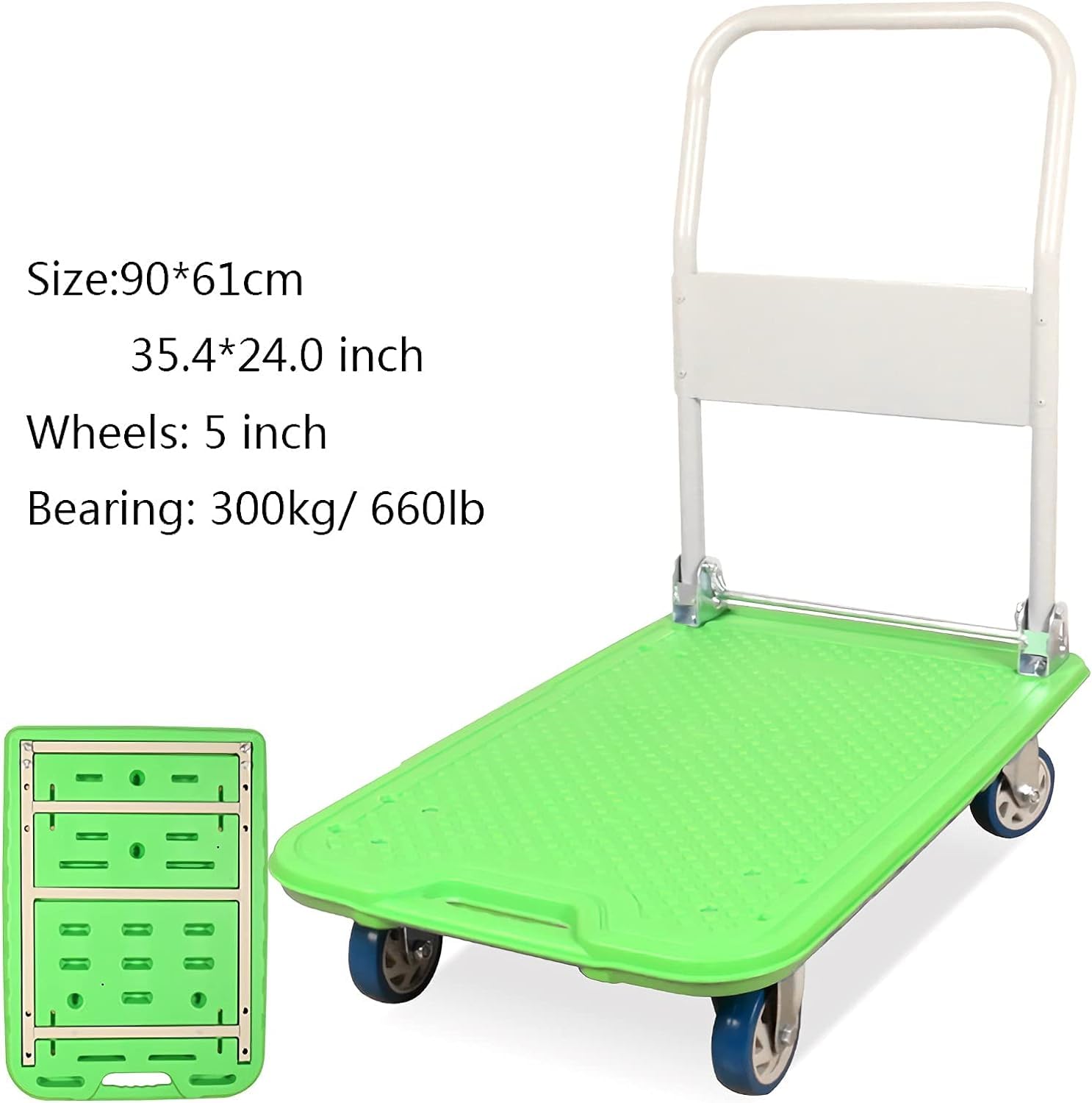 Carrello Pieghevole a Mano con Ruote, pianale a 4 Ruote, Maniglia in plastica e Metallo, Portata 300 kg, Dimensioni 90x61 cm, Multicolore (Bianco)