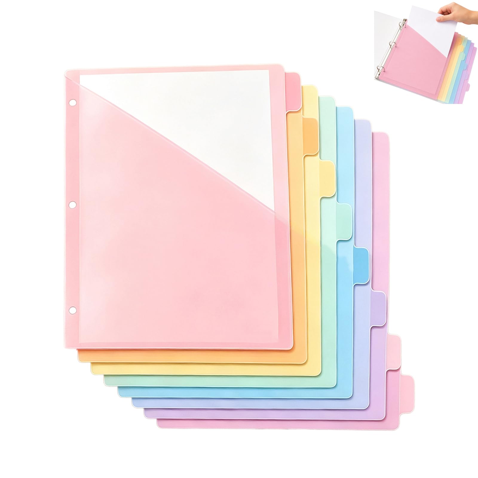 8Pcs Pastel A4 Divider Sleeves, Punched Pockets Writable Tabs