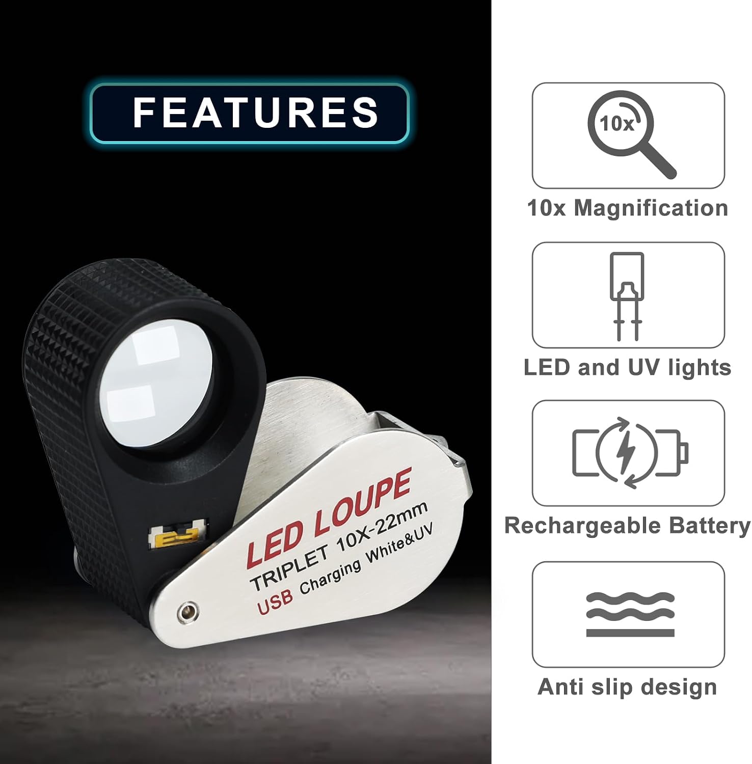 10X Rechargeable Jewelers Loupe with LED & UV Lights, Illuminated Magnifier Foldable, 22mm Triplet Lens, Pocket Eye Loupe for Inspecting Jewelry, Gems, Coins, Stamps, Watch Repair Loop